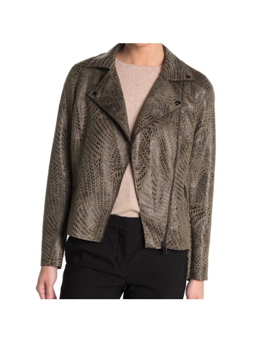 Philosophy Women's Faux Suede Moto Cropped Jacket Green Contrast Leaf Print S